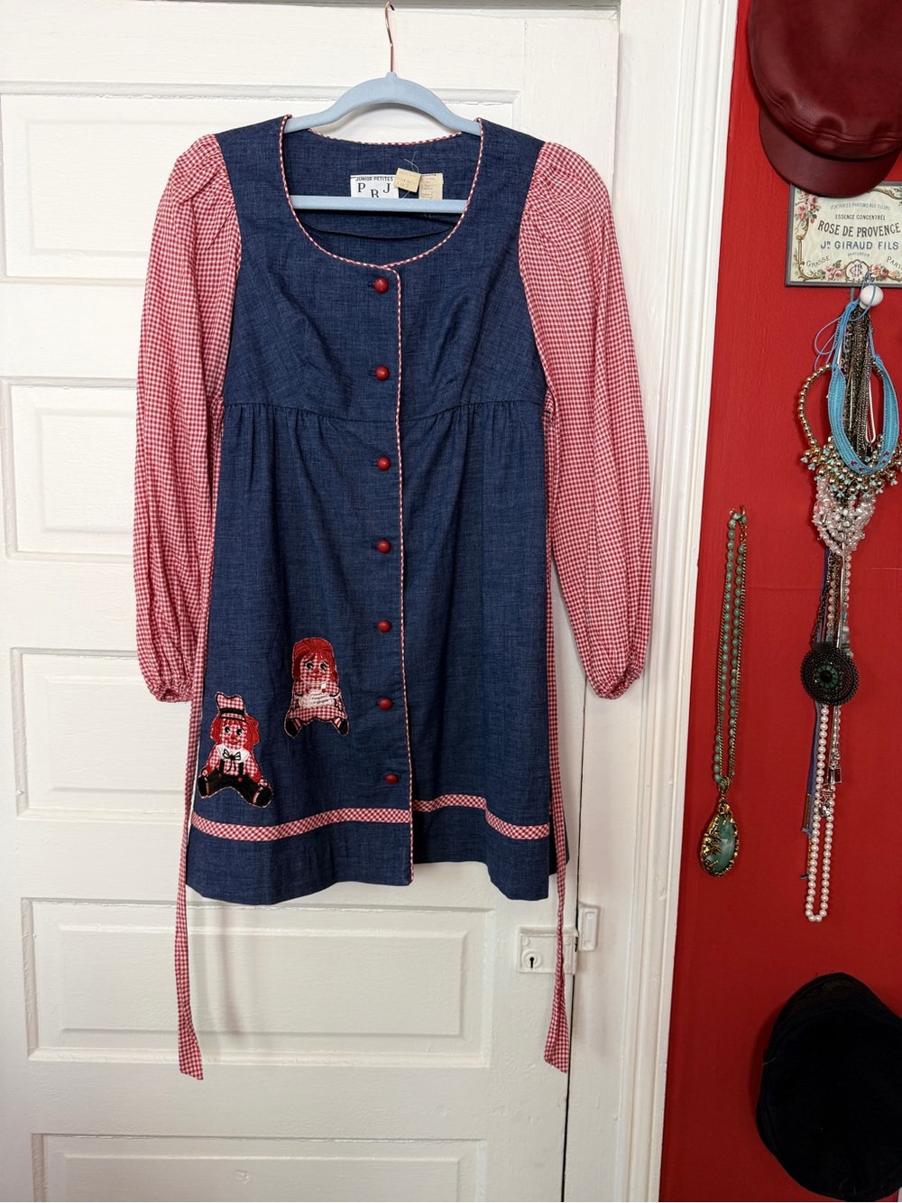 1970s PBJ Raggedy Ann Navy Blue mini Dress with Red Gingham Sleeves